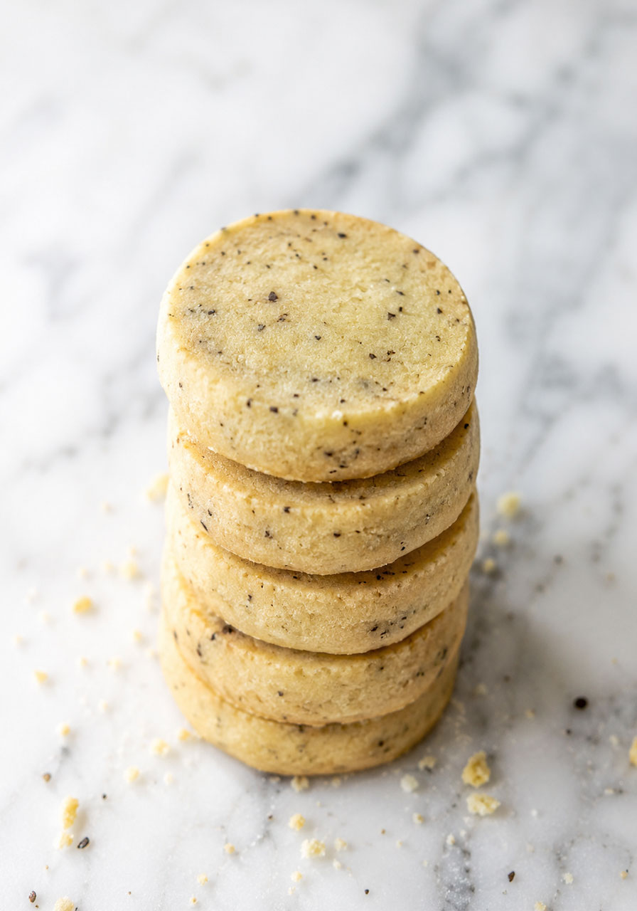 Stack of London Fog tea cookies showing speckled Earl Grey tea leaves