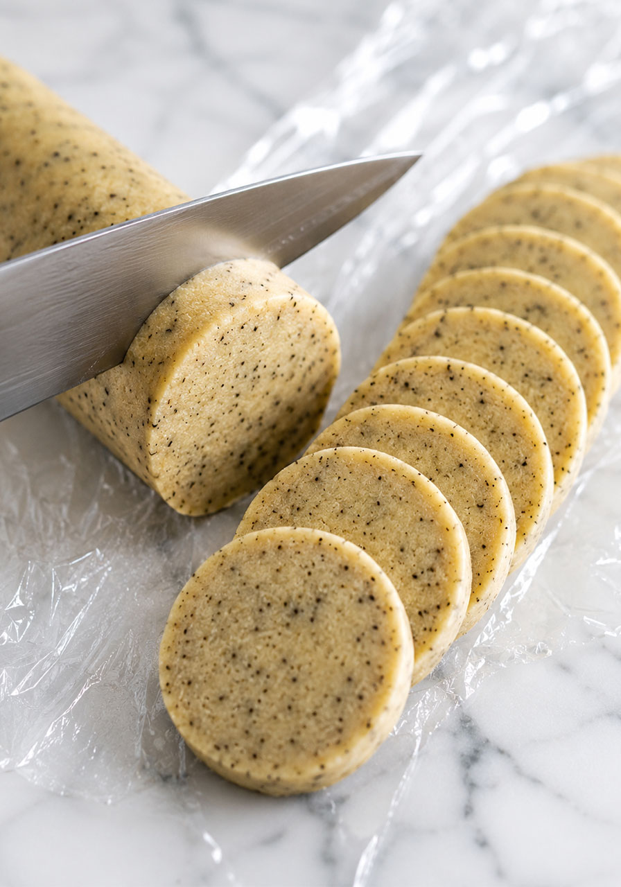 Slicing chilled Earl Grey cookie dough into rounds with a kitchen knife