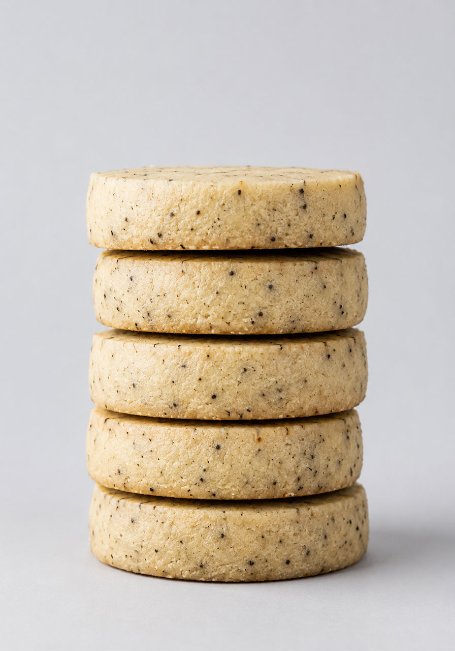 Vertical stack of London Fog Earl Grey tea cookies on a plain background