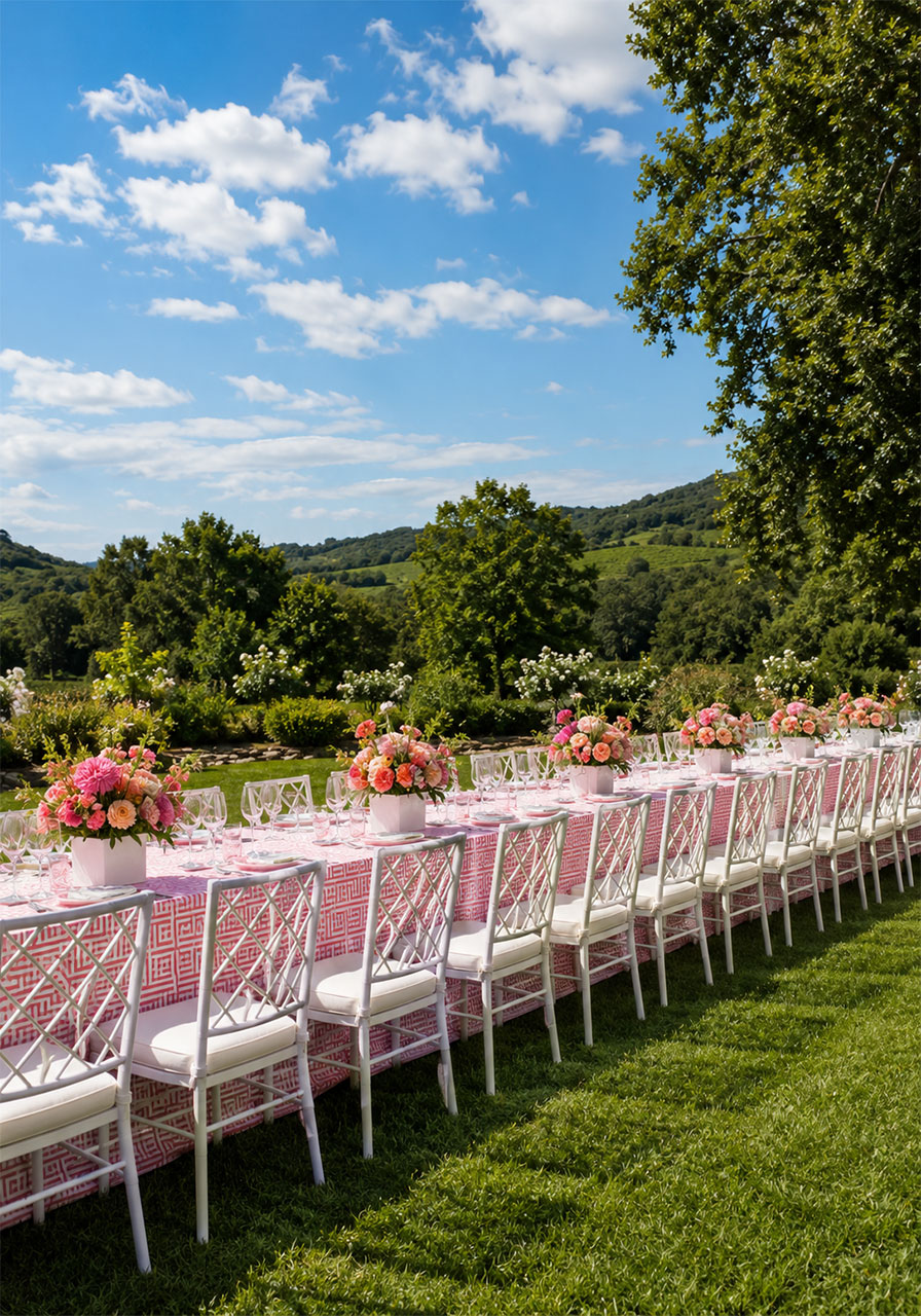 Long outdoor banquet lunch table with pink Greek-key tablecloth and floral centerpieces on green lawn at summer soirée