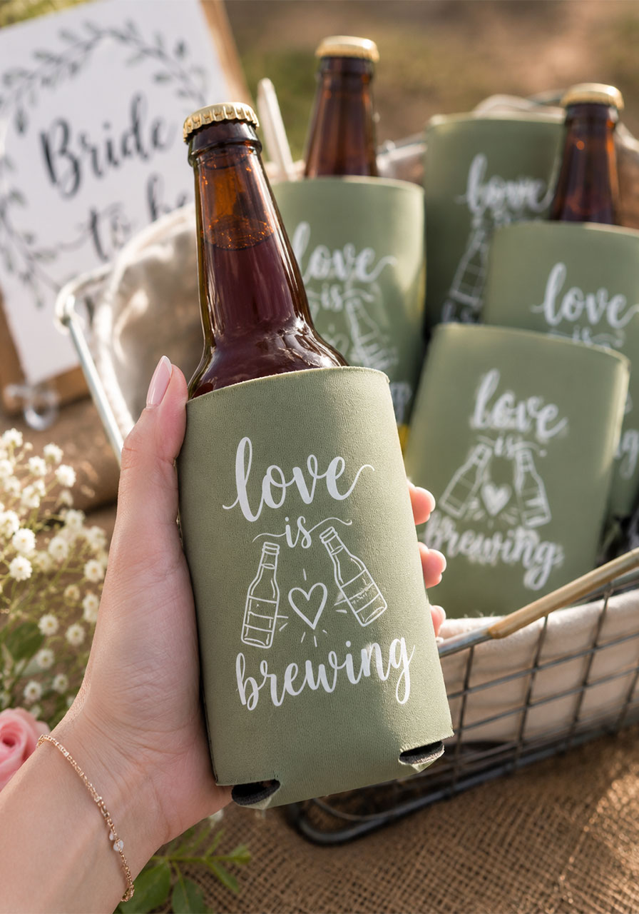 DIY "Love Is Brewing" can koozie made with Cricut iron-on vinyl — cute co-ed bridal shower party favor idea