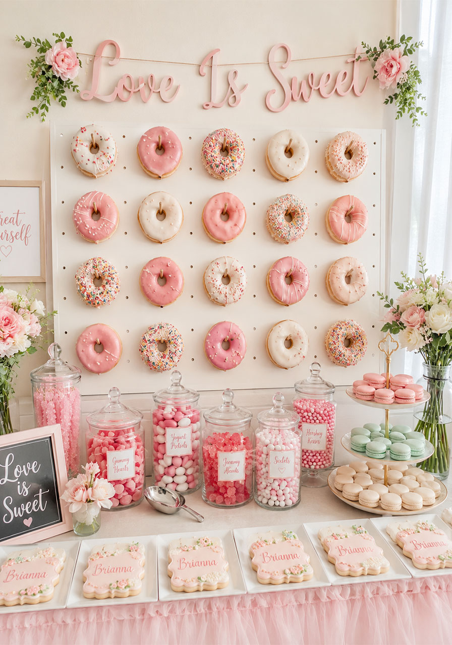 Love Is Sweet bachelorette party decorations with DIY donut wall, candy buffet, and pastel dessert display