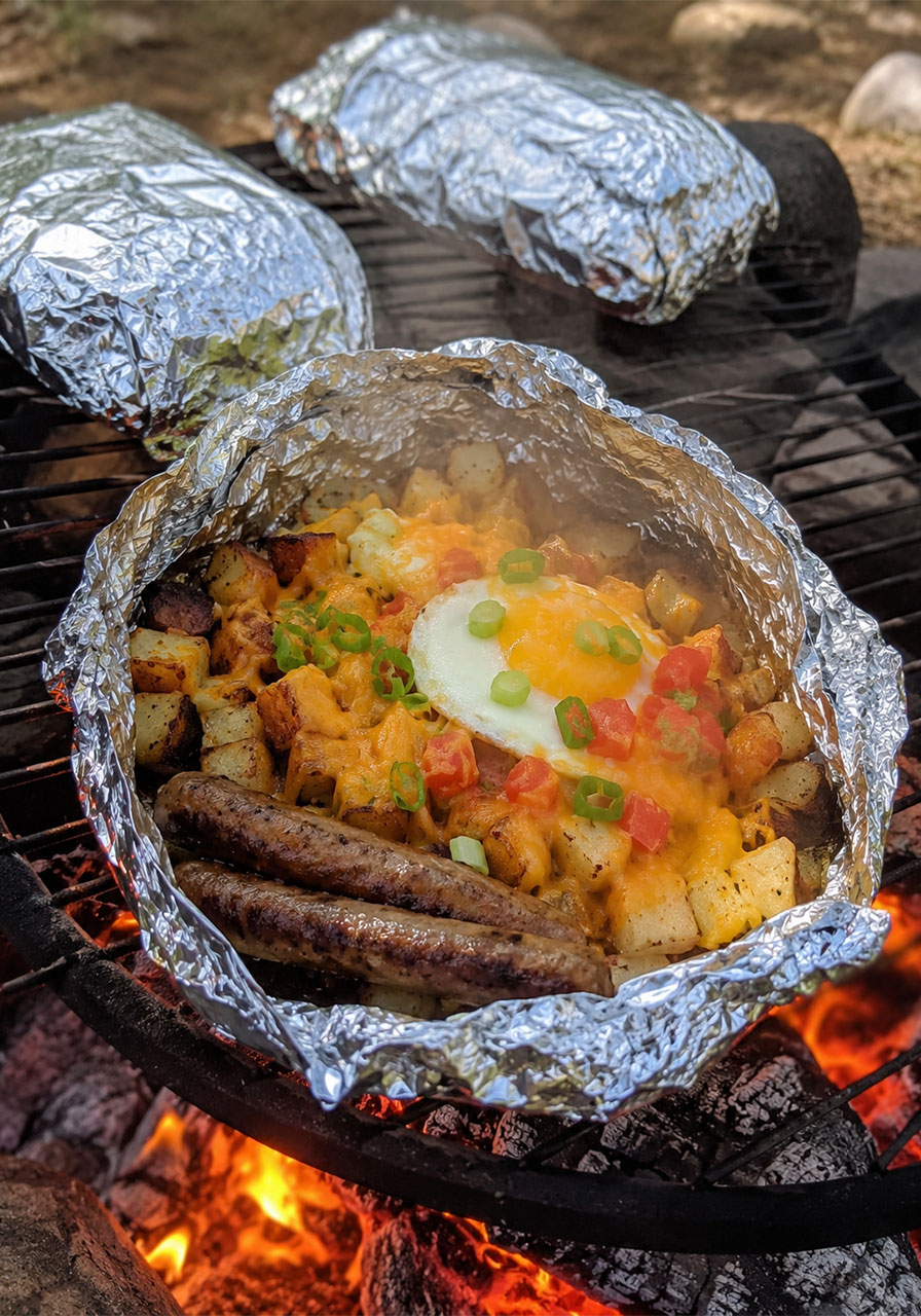 Open foil packet on campfire grill grate revealing a cooked lumberjack breakfast with sausage, hash browns, egg, and melted cheese