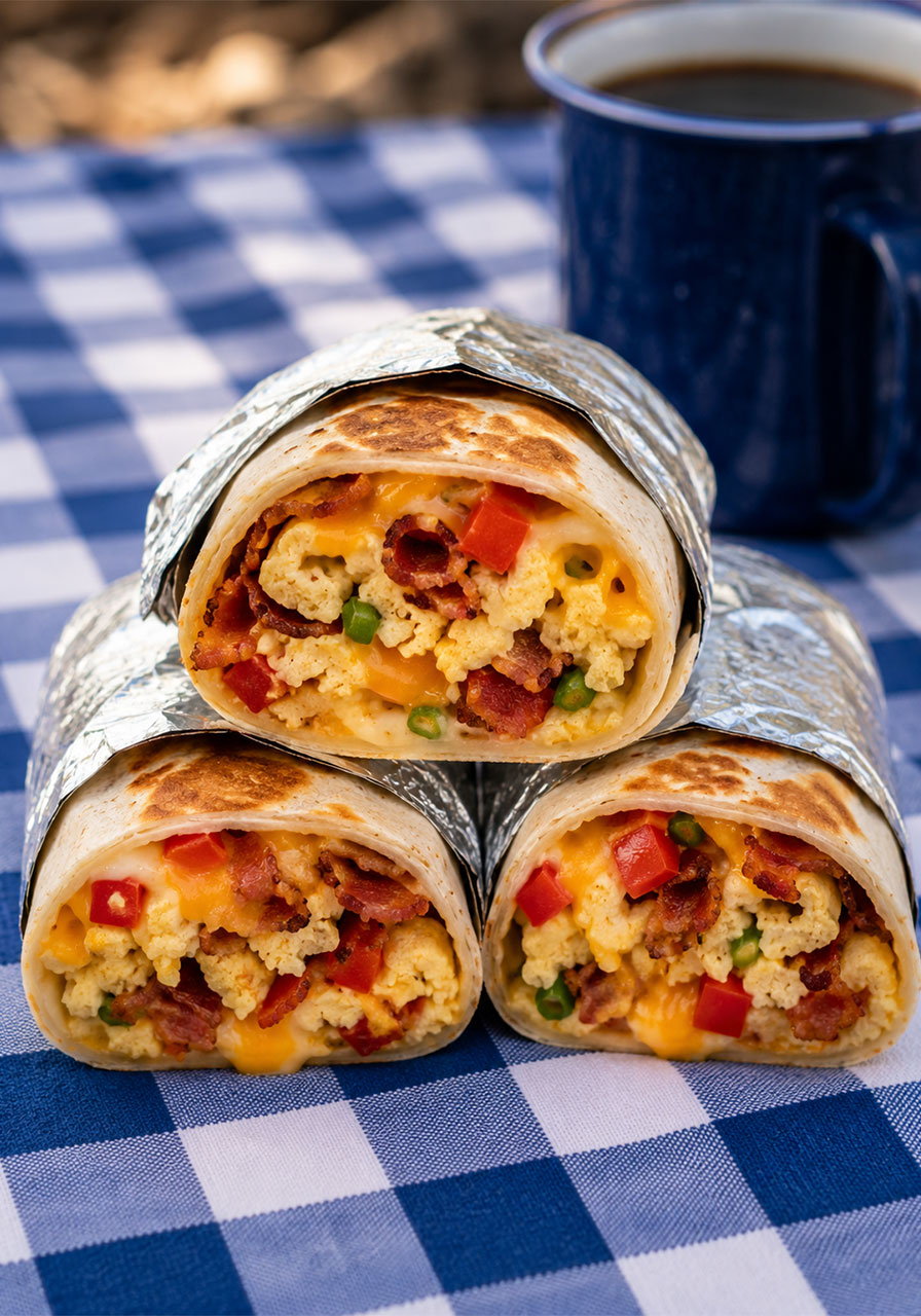 Stack of three make ahead camping breakfast burritos cut in half showing bacon egg and cheese filling wrapped in foil on picnic table