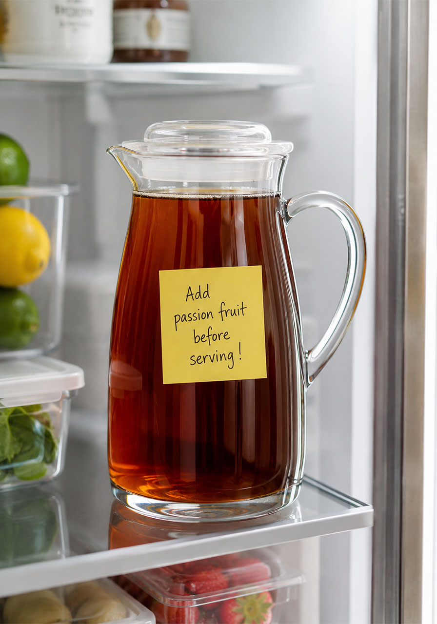 A sealed pitcher of brewed sweetened tea stored in the refrigerator with a note to add passion fruit before serving