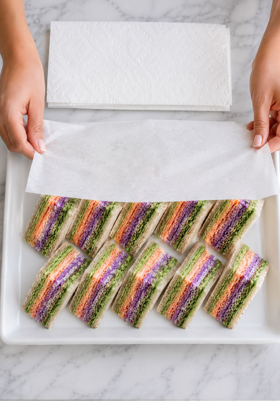 Covering assembled colorful tea party sandwiches with wax paper and damp paper towel for make-ahead refrigerator storage
