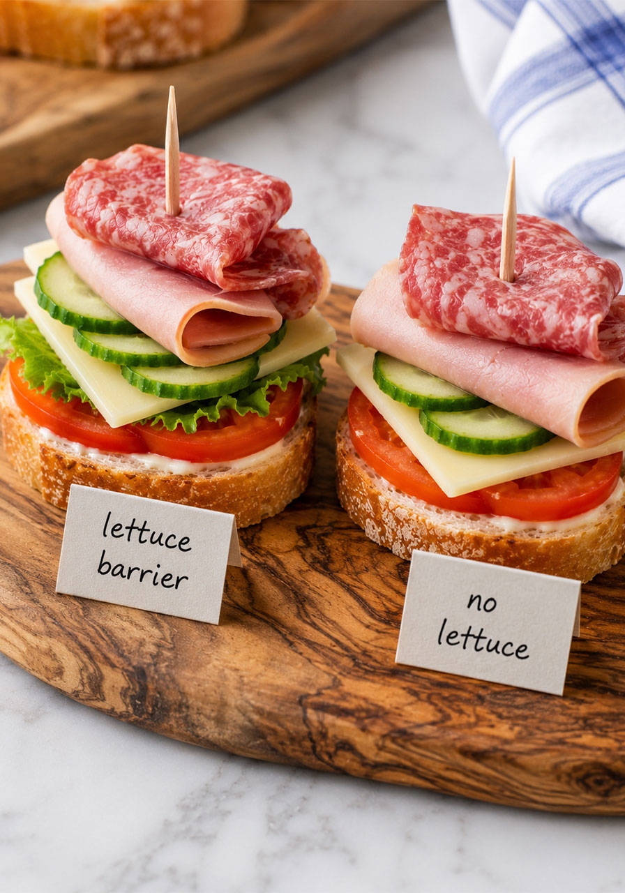Make-ahead tea club sandwich tip showing a lettuce leaf barrier between mayo and tomato to prevent soggy bread