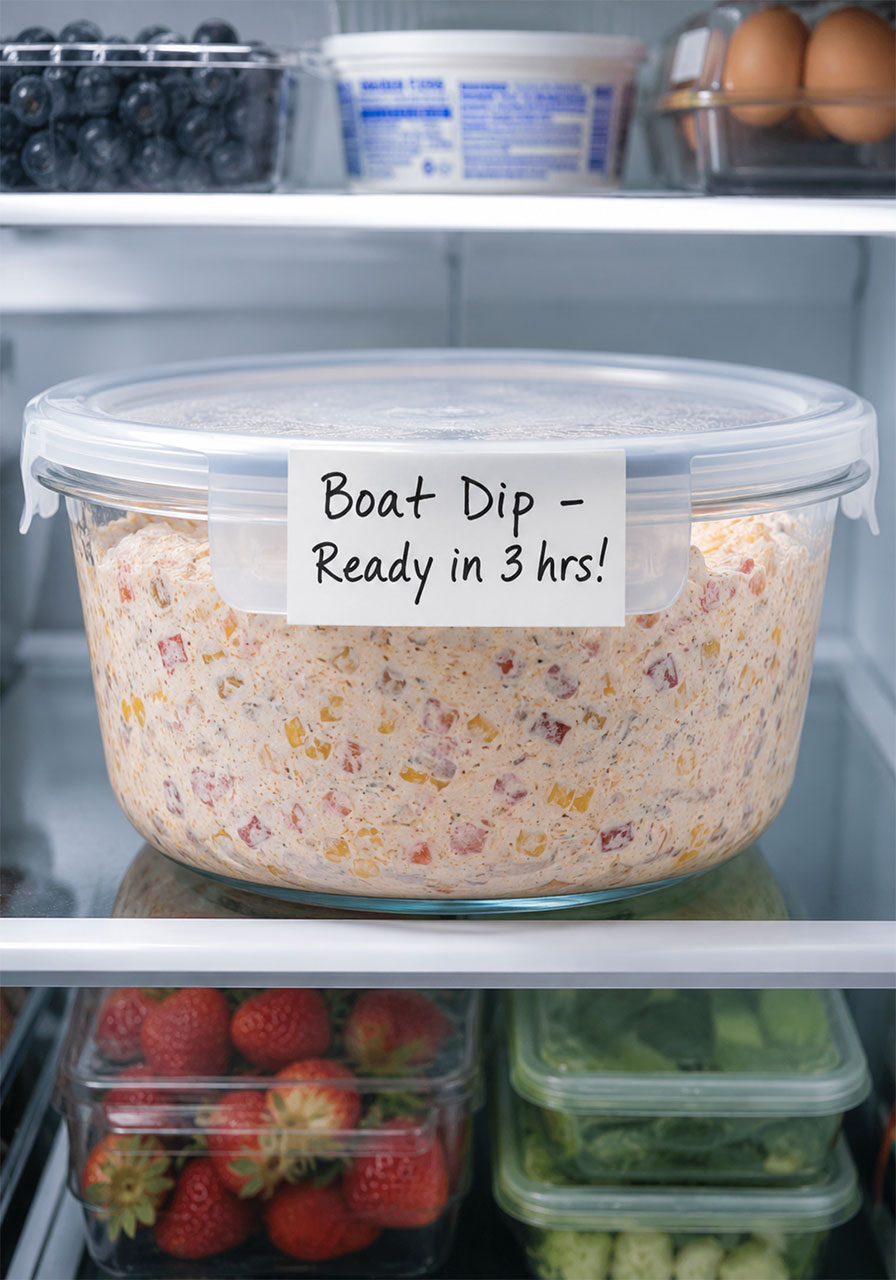 Make-ahead TikTok boat dip stored in airtight container in refrigerator