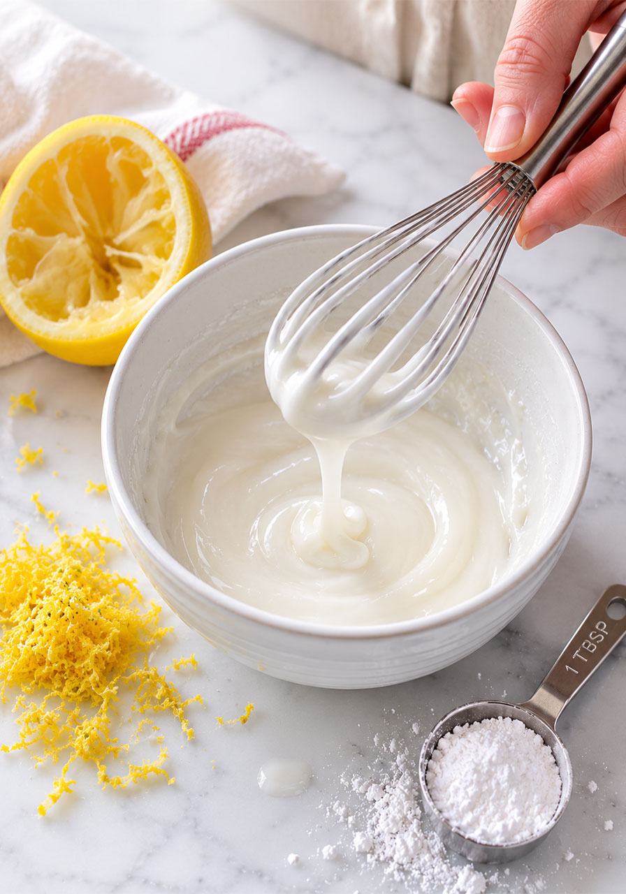 Overhead view of lemon glaze being whisked in a white bowl with fresh lemon halves and zest on a marble counter