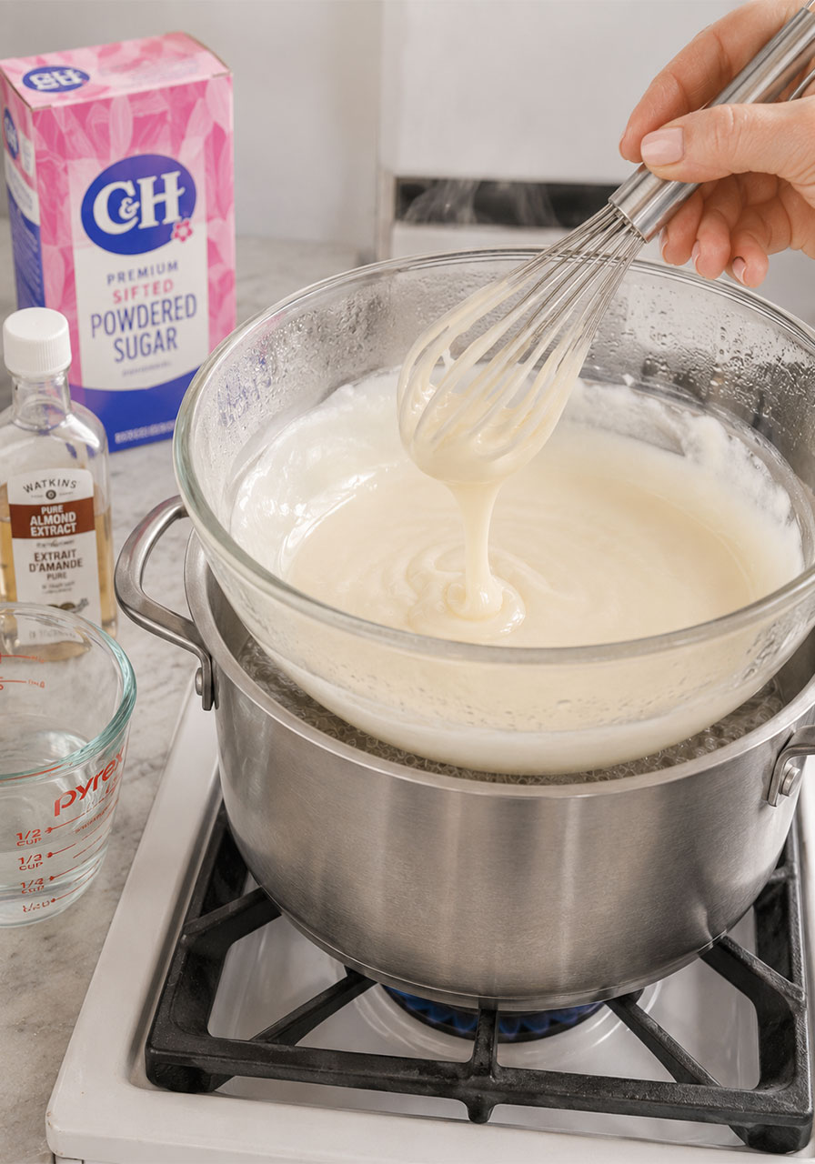 Making smooth petit four icing in a double boiler with white chocolate and almond extract