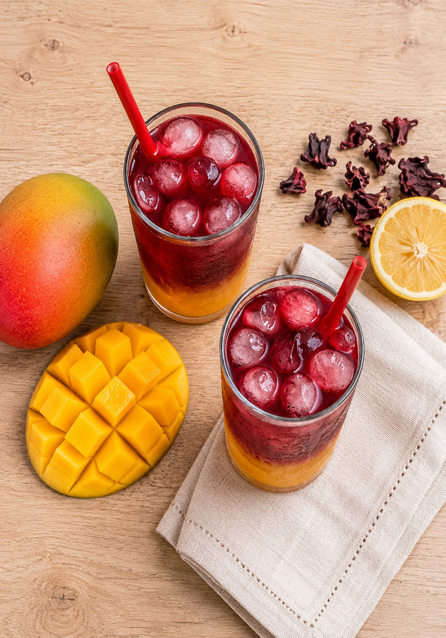 Overhead flat lay of two finished glasses of mango hibiscus iced tea with fresh mango, dried hibiscus flowers, and lemon on a wooden table