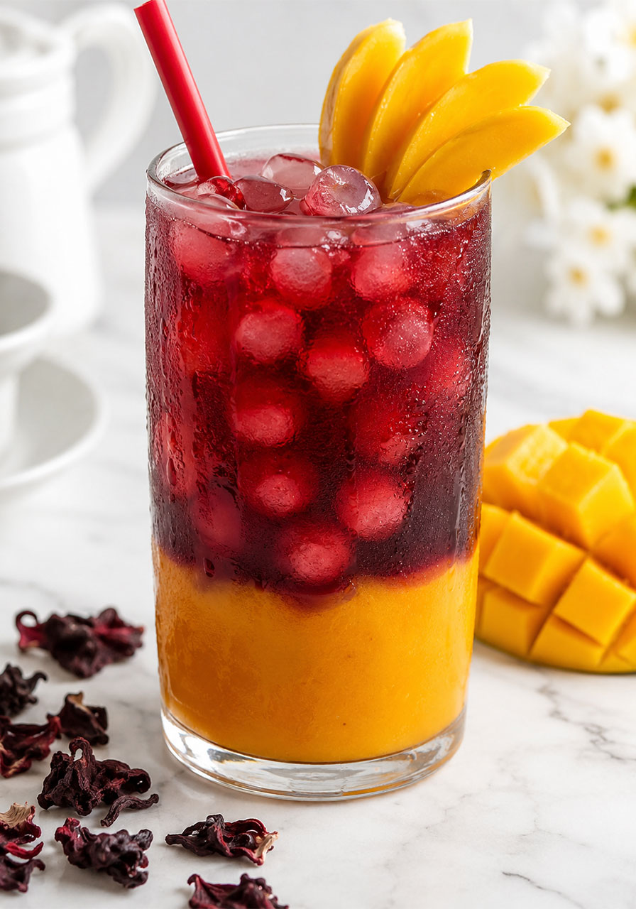 Tall clear glass of mango hibiscus iced tea with two distinct layers — golden mango purée on the bottom and deep red hibiscus tea on top with ice