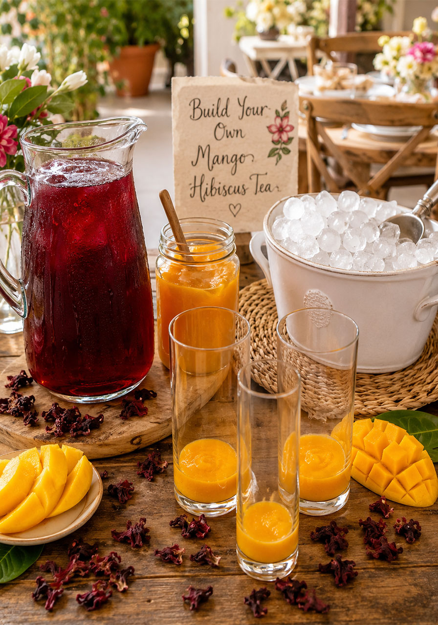 Party drink station setup with a pitcher of hibiscus tea, mango purée in a mason jar, ice bucket, and empty glasses ready for guests to build their own mango hibiscus iced tea