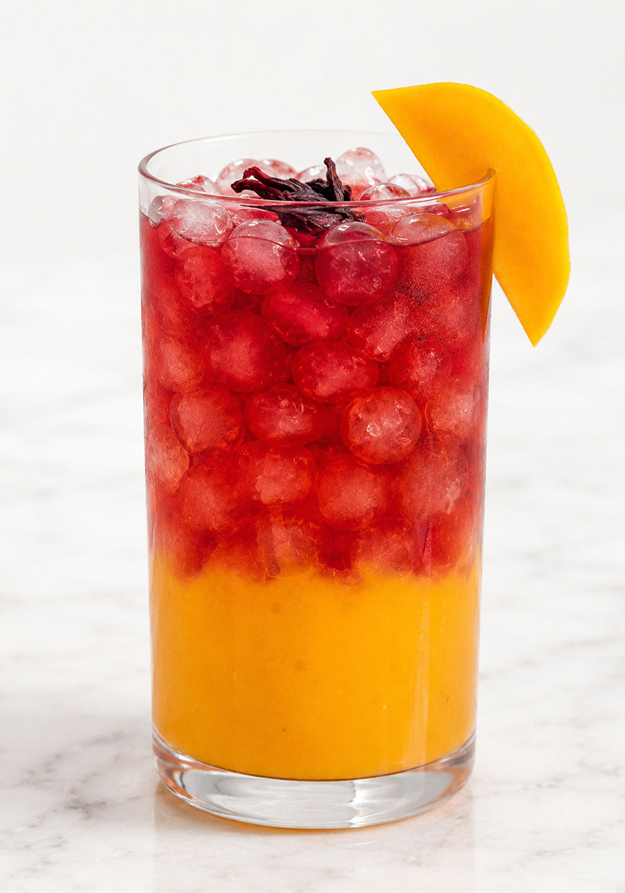 Single glass of mango hibiscus iced tea with golden mango purée on the bottom, ruby hibiscus tea on top, and a fresh mango slice garnish on the rim