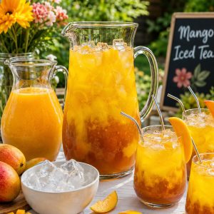 Homemade mango iced tea in a large pitcher for a party with multiple glasses and a self-serve summer drink station setup