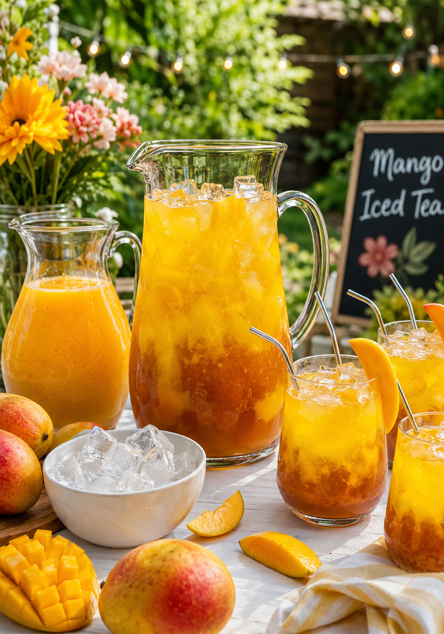 Homemade mango iced tea in a large pitcher for a party with multiple glasses and a self-serve summer drink station setup