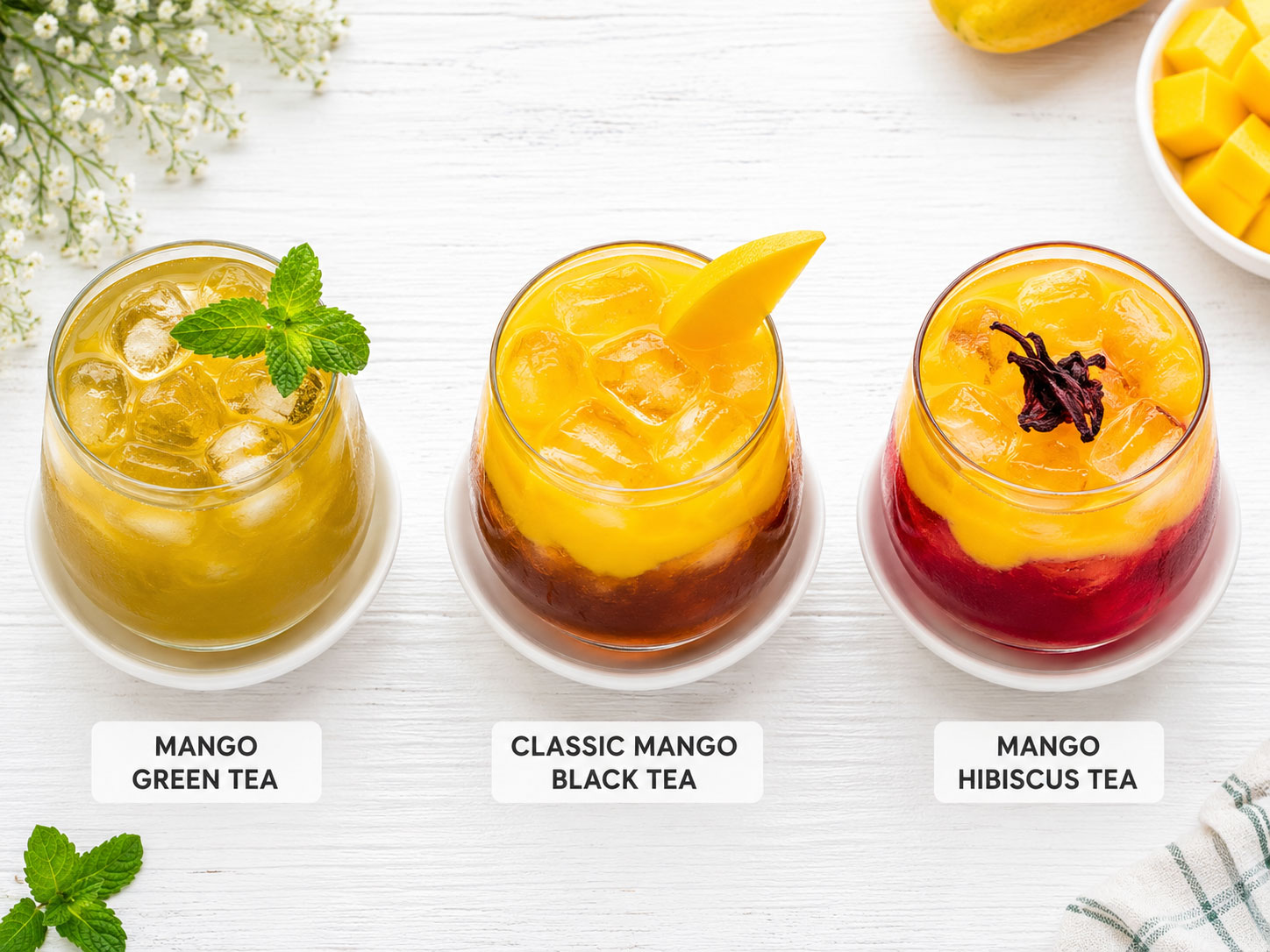 Three mango iced tea recipe variations side by side – mango green tea, classic mango black tea, and mango hibiscus tea with different color layers