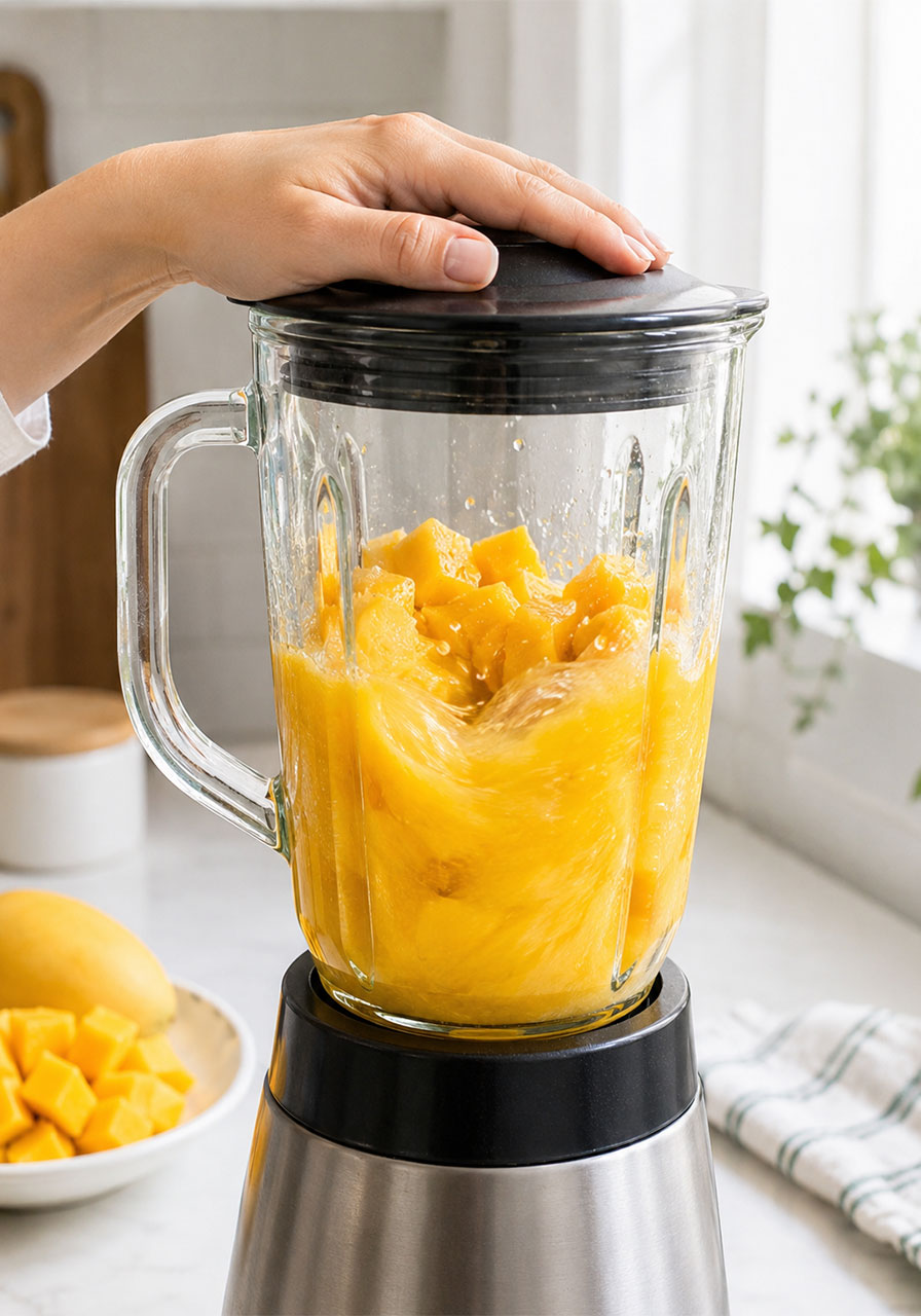 Step 2 of mango iced tea recipe – blending fresh mango chunks with water into smooth golden puree in a blender