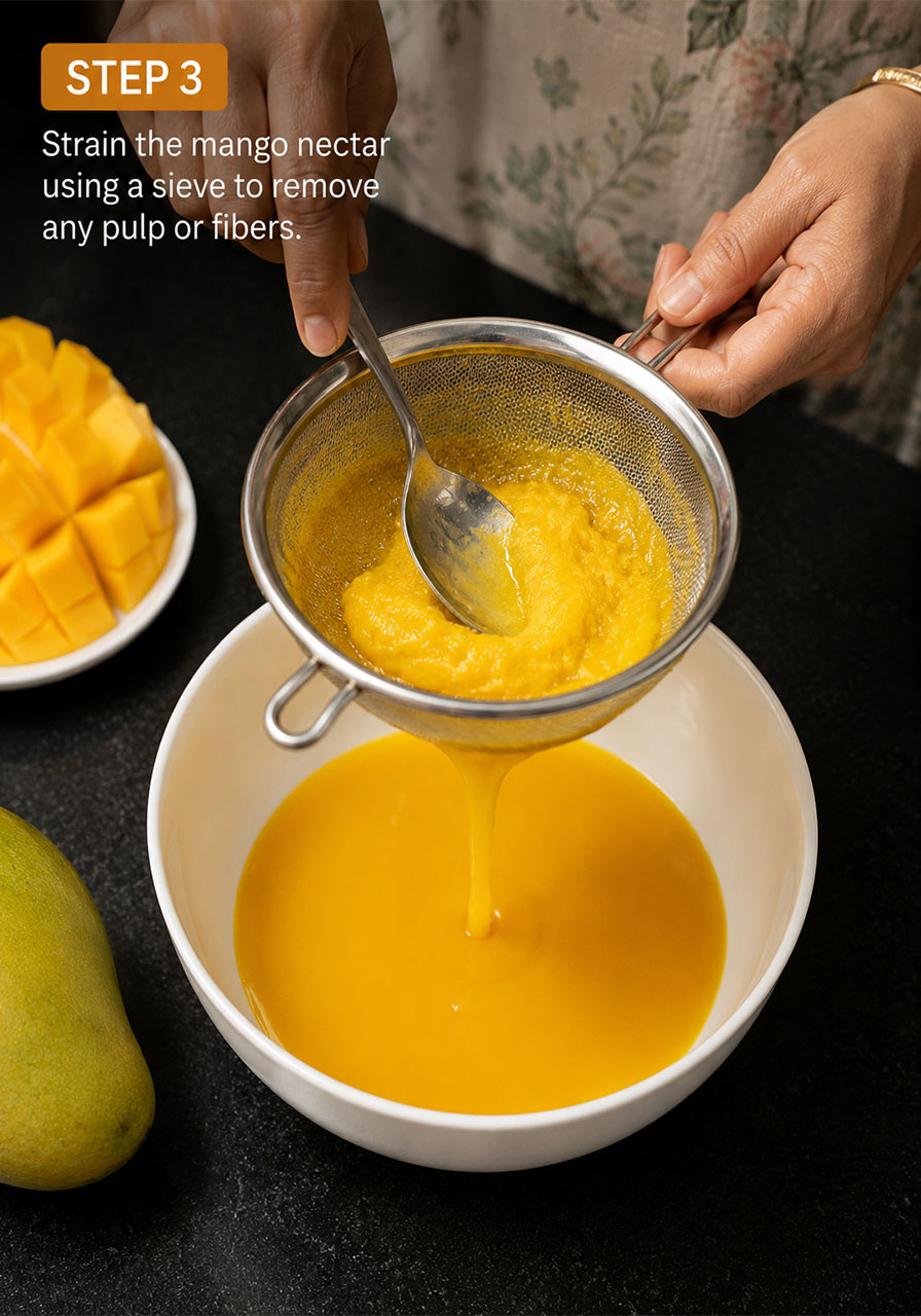 Step 3 of mango iced tea recipe – straining blended mango puree through a fine mesh sieve to make smooth mango nectar