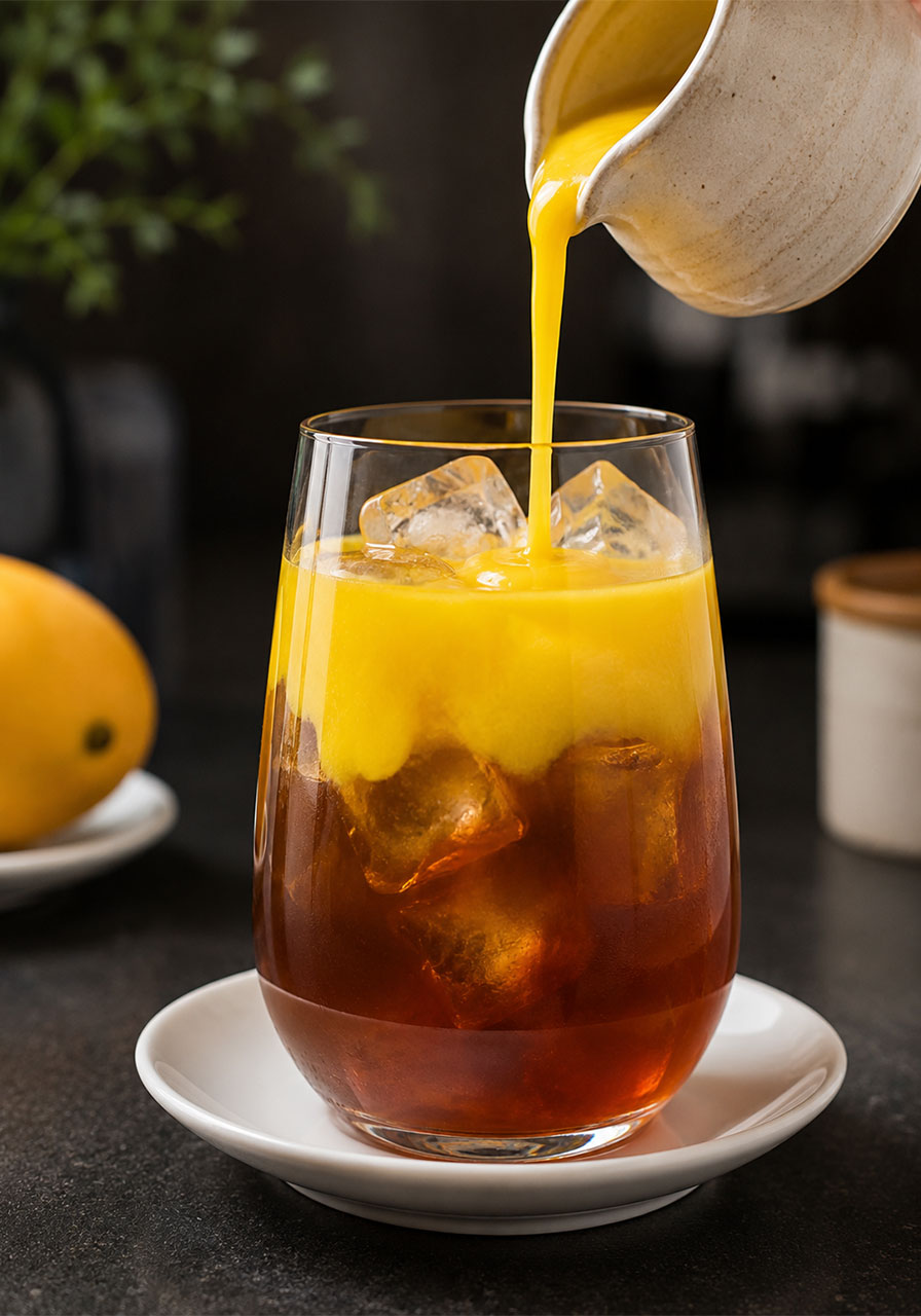 Step 4 of mango iced tea recipe – slowly pouring golden mango nectar over iced black tea to create a stunning two-tone layered effect