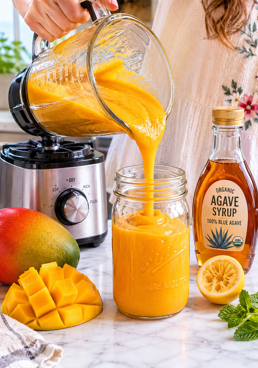 Golden mango purée being poured from a clear blender into a mason jar with fresh mango and agave syrup on a marble countertop