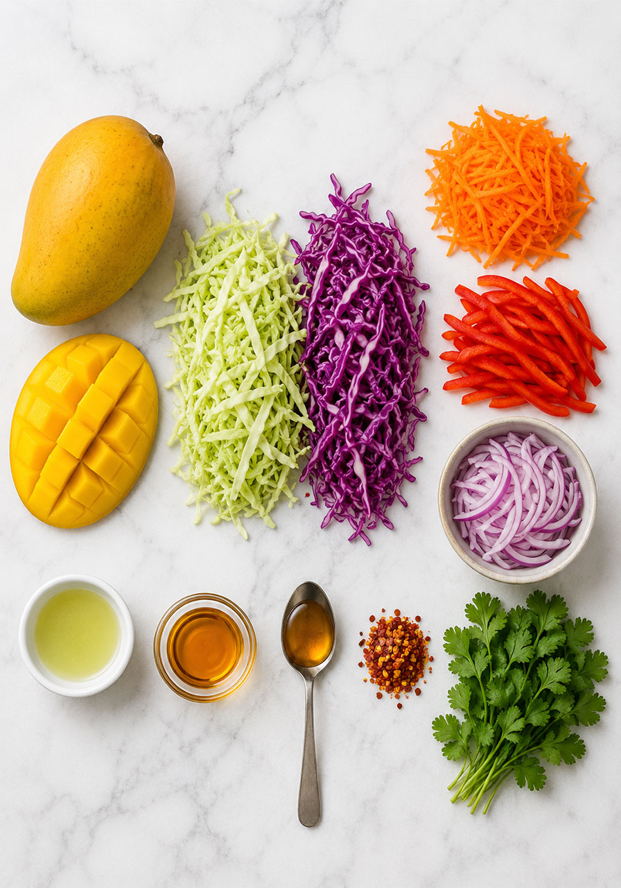 All fresh ingredients for homemade mango slaw arranged in a flat lay — mango, cabbage, carrot, cilantro, lime, sesame oil, and chili flakes