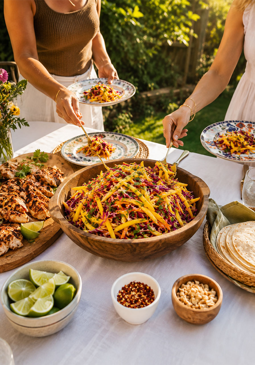 A festive outdoor party table with a large bowl of mango slaw surrounded by grilled chicken, tortillas, and lime wedges as a crowd-pleasing party side dish