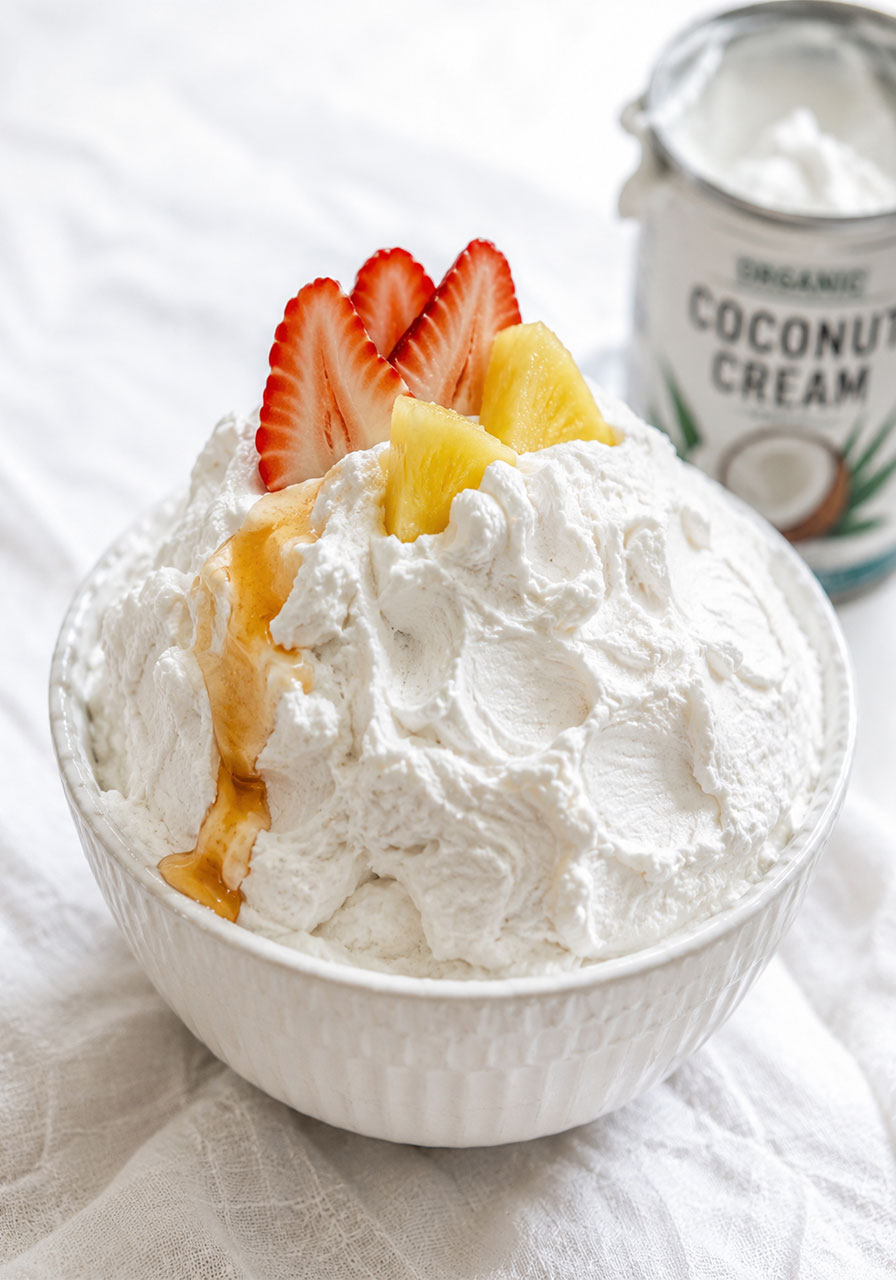 Fluffy maple coconut whipped cream in a bowl as a vegan waffle bar topping for brunch