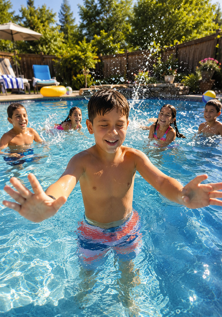 Kids playing Marco Polo pool party game in backyard swimming pool on sunny summer day
