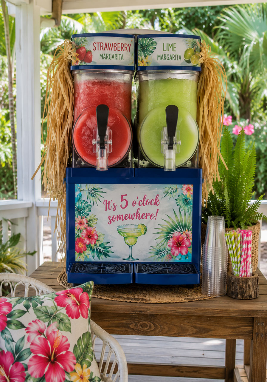 Two-flavor margarita slushie machine decorated with grass fringe for a Key West tropical party drinks station