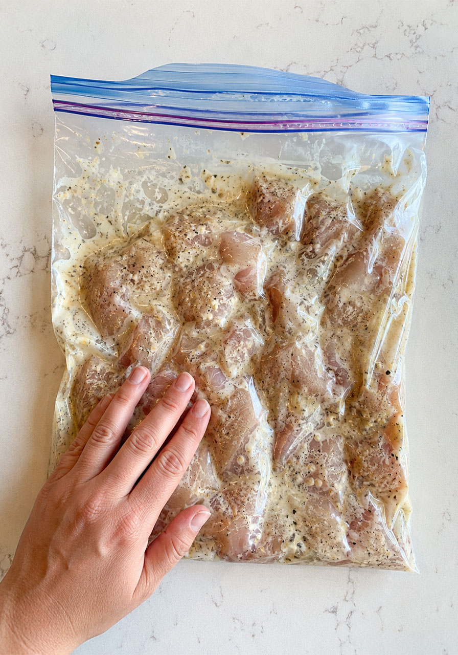 Cubed chicken coated in ranch garlic parmesan marinade in a resealable bag