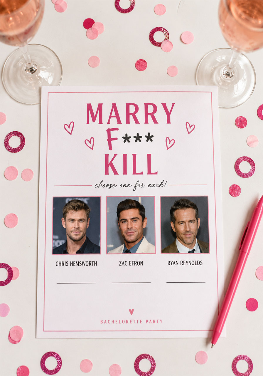 Marry F*** Kill bachelorette party game card with celebrity photos on a table