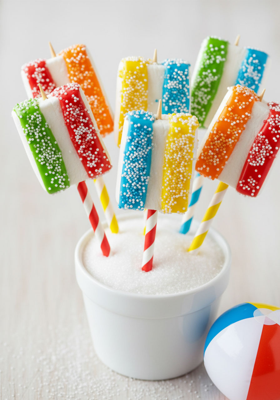 Colorful Kool-Aid marshmallow beach ball treats on skewers — fun and easy pool party food for kids