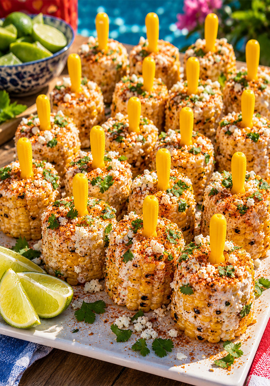 Maryland corn pops coated in garlic mayo, feta and Old Bay seasoning on corncob sticks – fun pool party snack