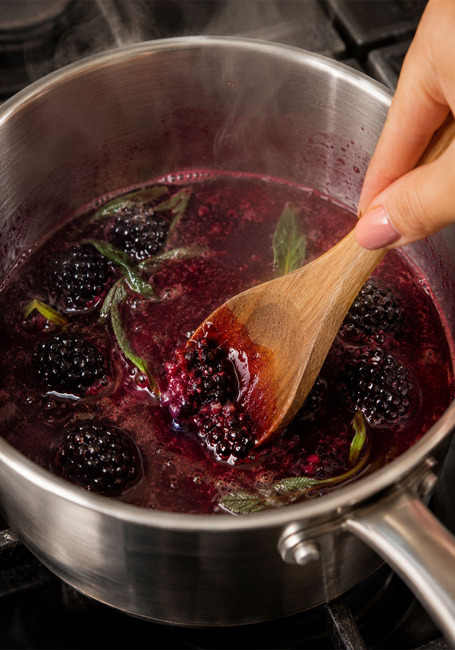 Mashing fresh blackberries in a saucepan to make blackberry sage iced tea