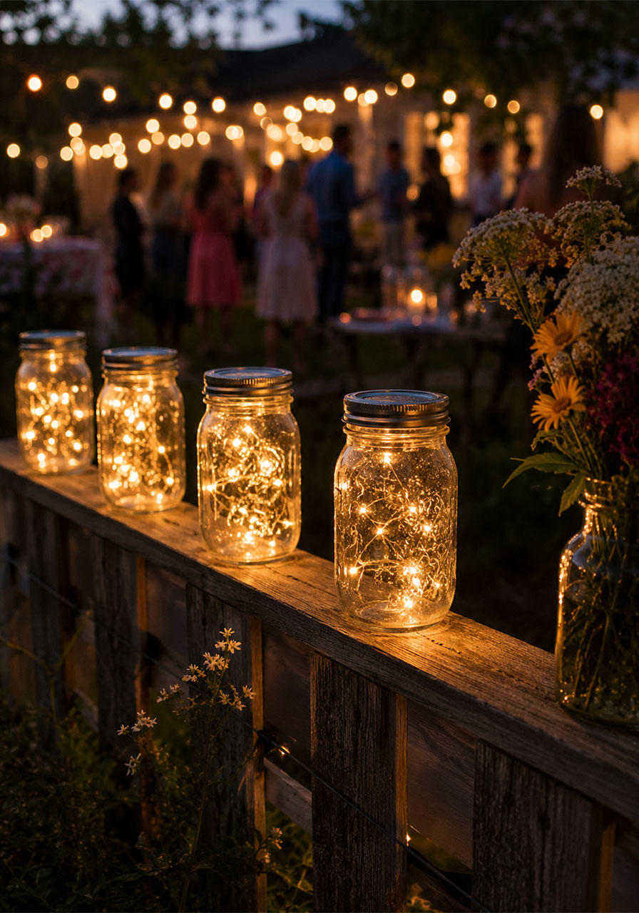 Glowing mason jar fairy light decorations along wooden fence for summer garden party at dusk