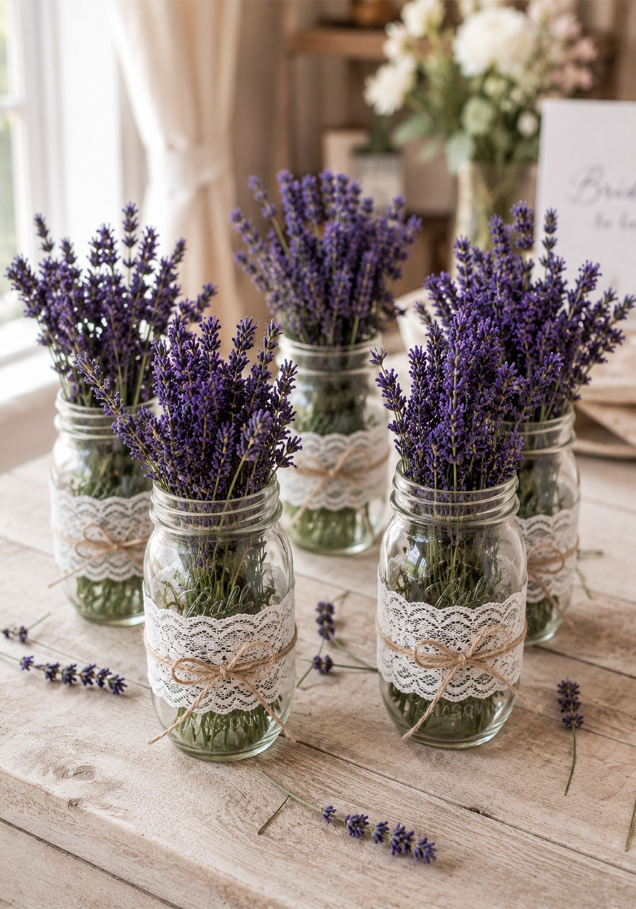 Mason jars wrapped in white lace ribbon filled with fresh purple lavender bunches as a rustic bridal shower table centerpiece