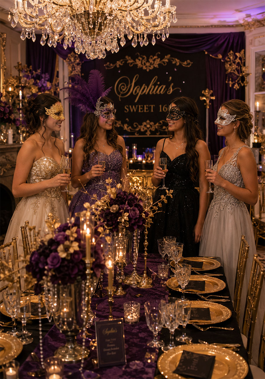 Teen girls in masquerade masks at elegant Sweet 16 birthday party with gold candelabras and purple decor
