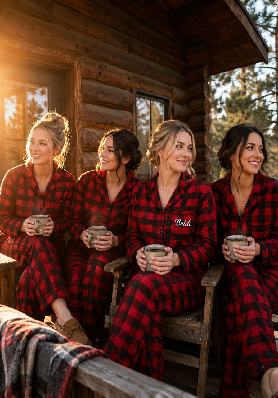 Bride and bridesmaids wearing matching red buffalo plaid flannel pajamas on log cabin porch at camp bachelorette party morning
