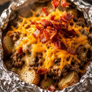 Melted cheddar cheese and crispy bacon being added as topping to hot tasty hobo foil packet filling