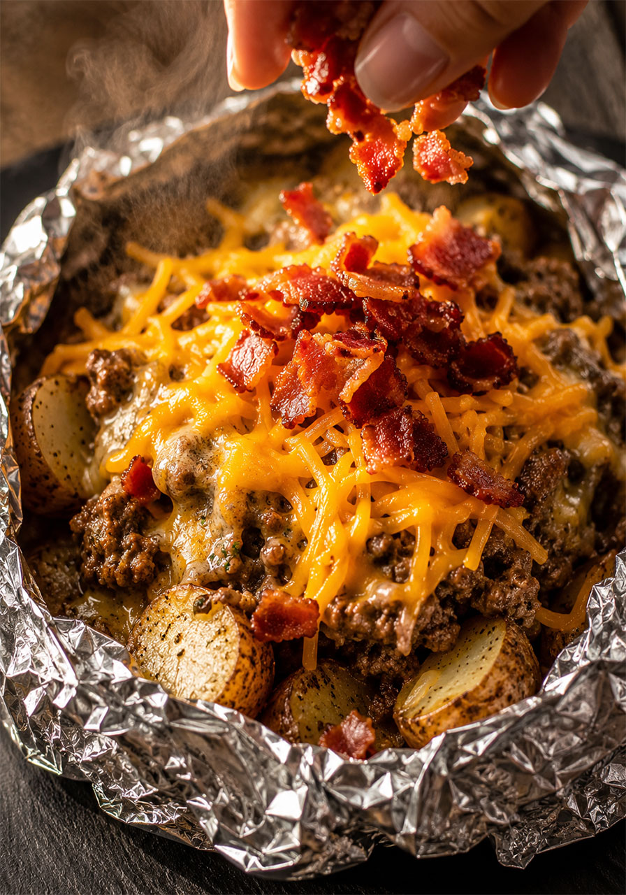 Melted cheddar cheese and crispy bacon being added as topping to hot tasty hobo foil packet filling