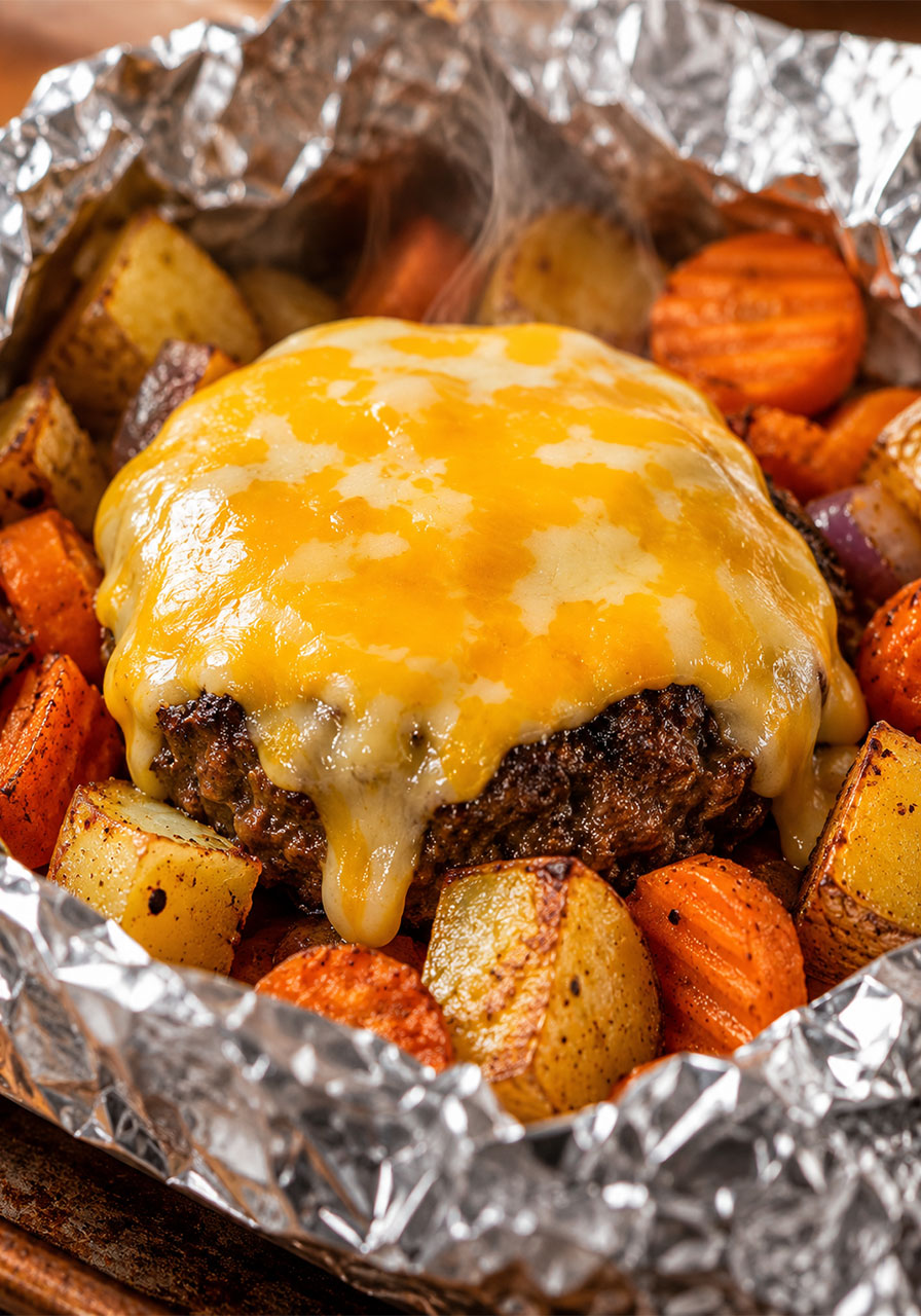 Melted Colby Jack cheese draped over a cooked beef patty inside an open campfire hobo packet