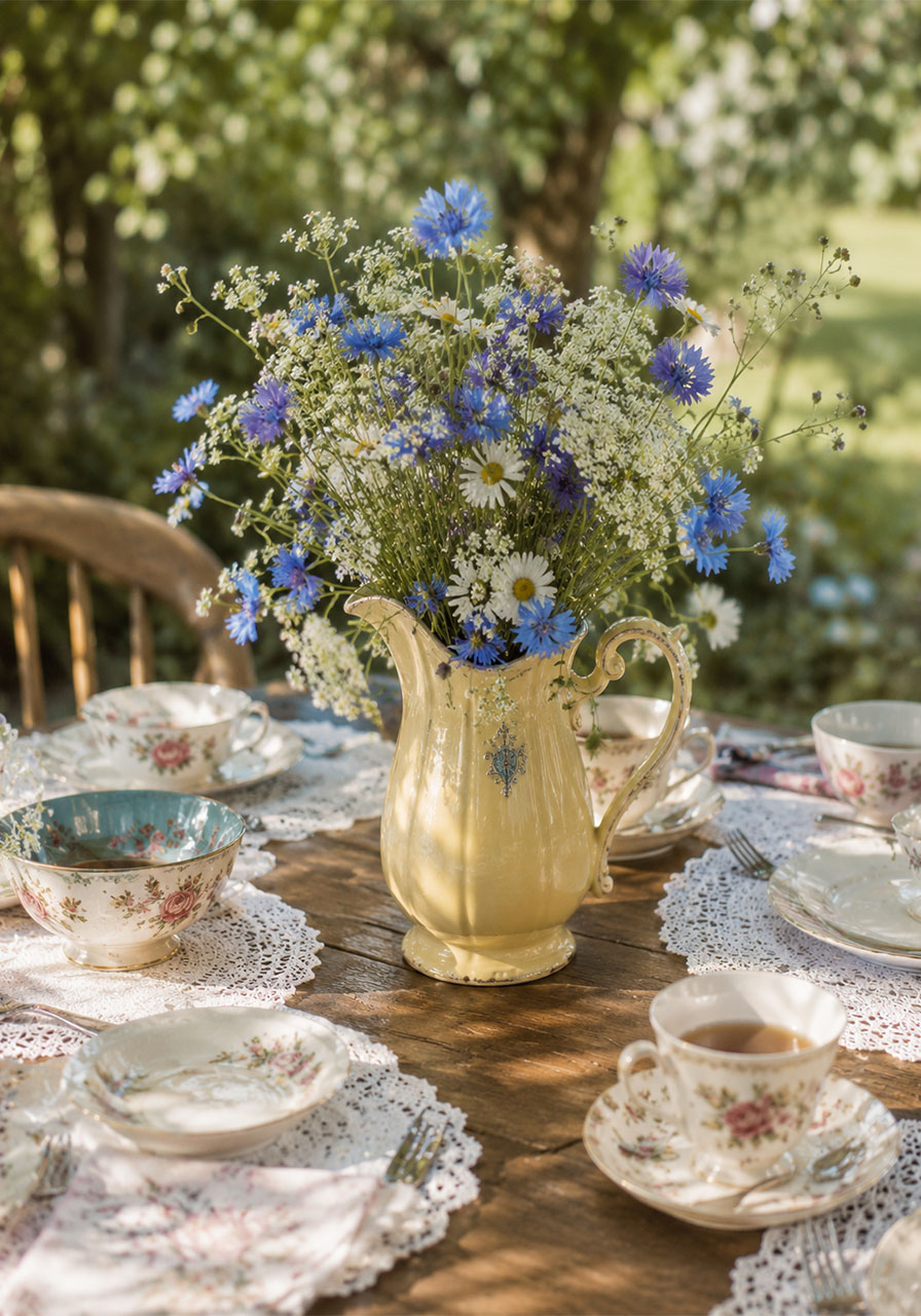 Vintage ceramic pitcher filled with flowers as a heartfelt memorial tea party centerpiece
