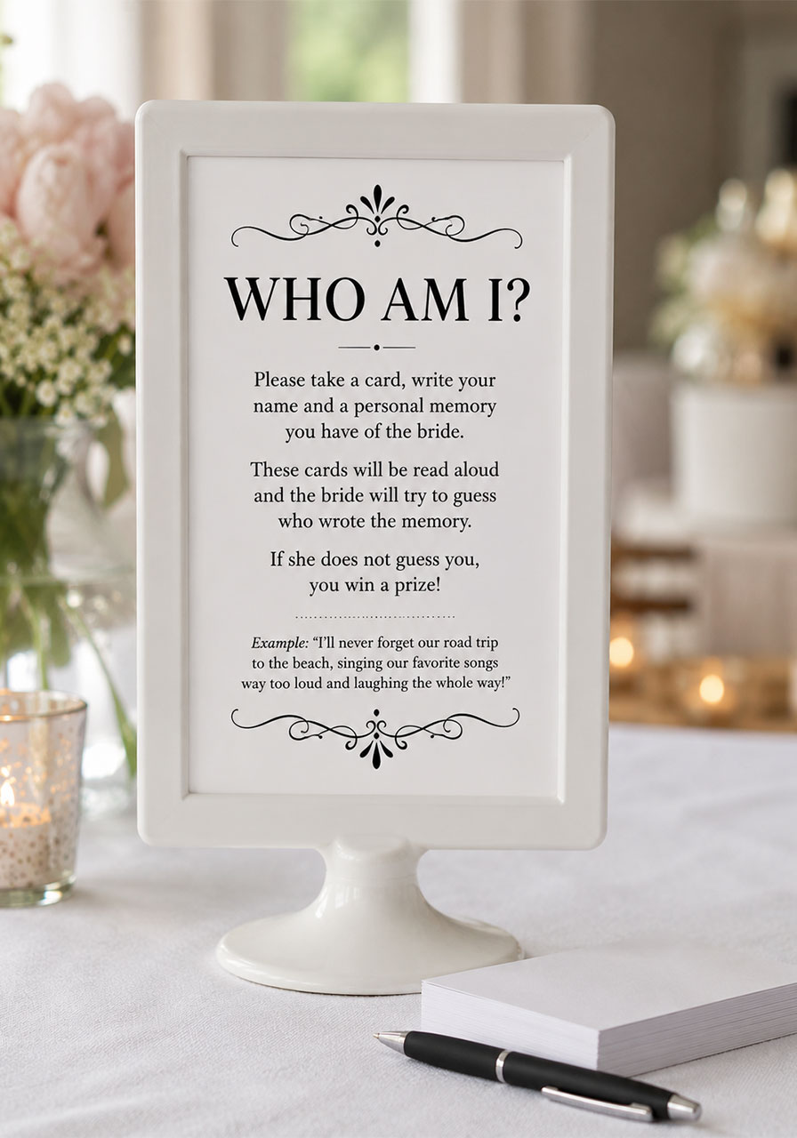Memories of the bride game sign in white frame with index cards on table – fun at-home bridal shower game idea
