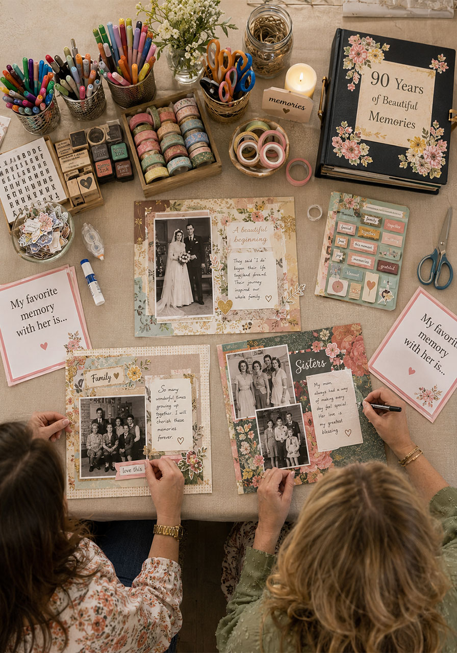 Memory lane scrapbook party activity station for a 90th birthday with craft supplies, photos, and guest-written prompts