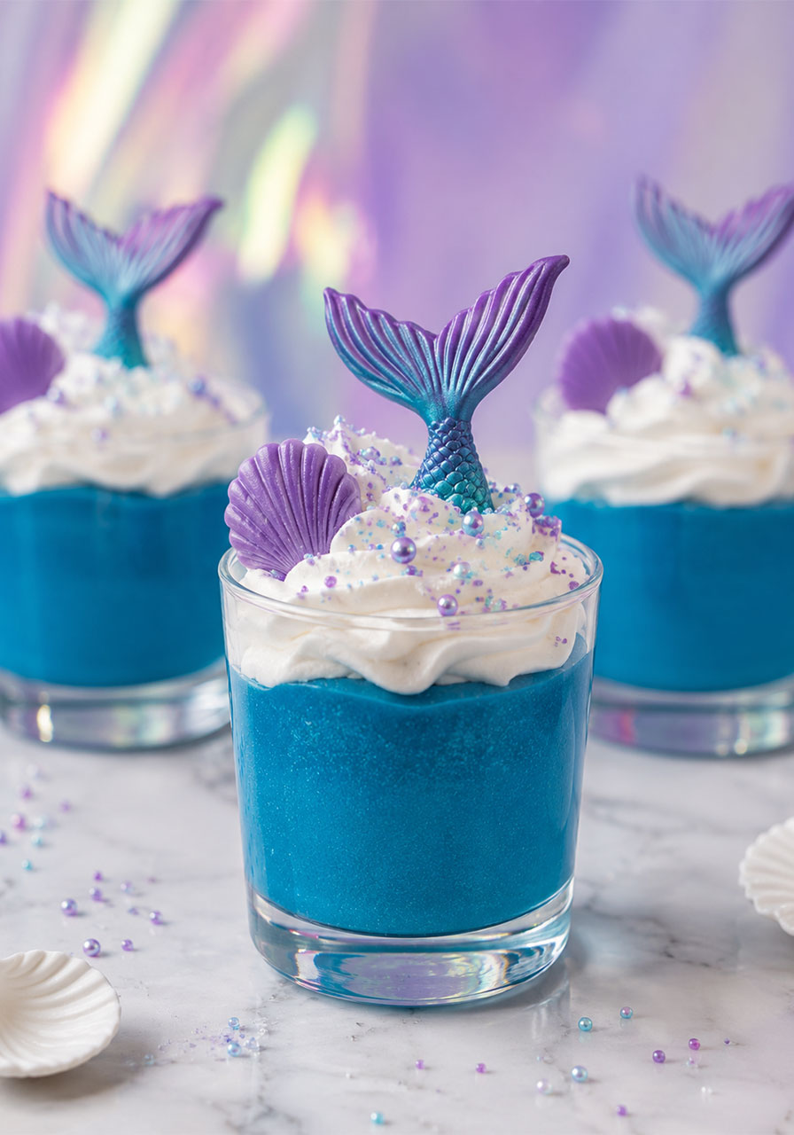 Beautiful mermaid jello cups with blue gelatin, whipped cream, chocolate mermaid tail, and sprinkles for a pool party dessert