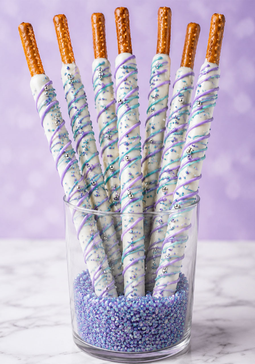 Sparkly mermaid pretzel rods dipped in white chocolate with purple and teal drizzle and silver sprinkles for a pool party dessert table