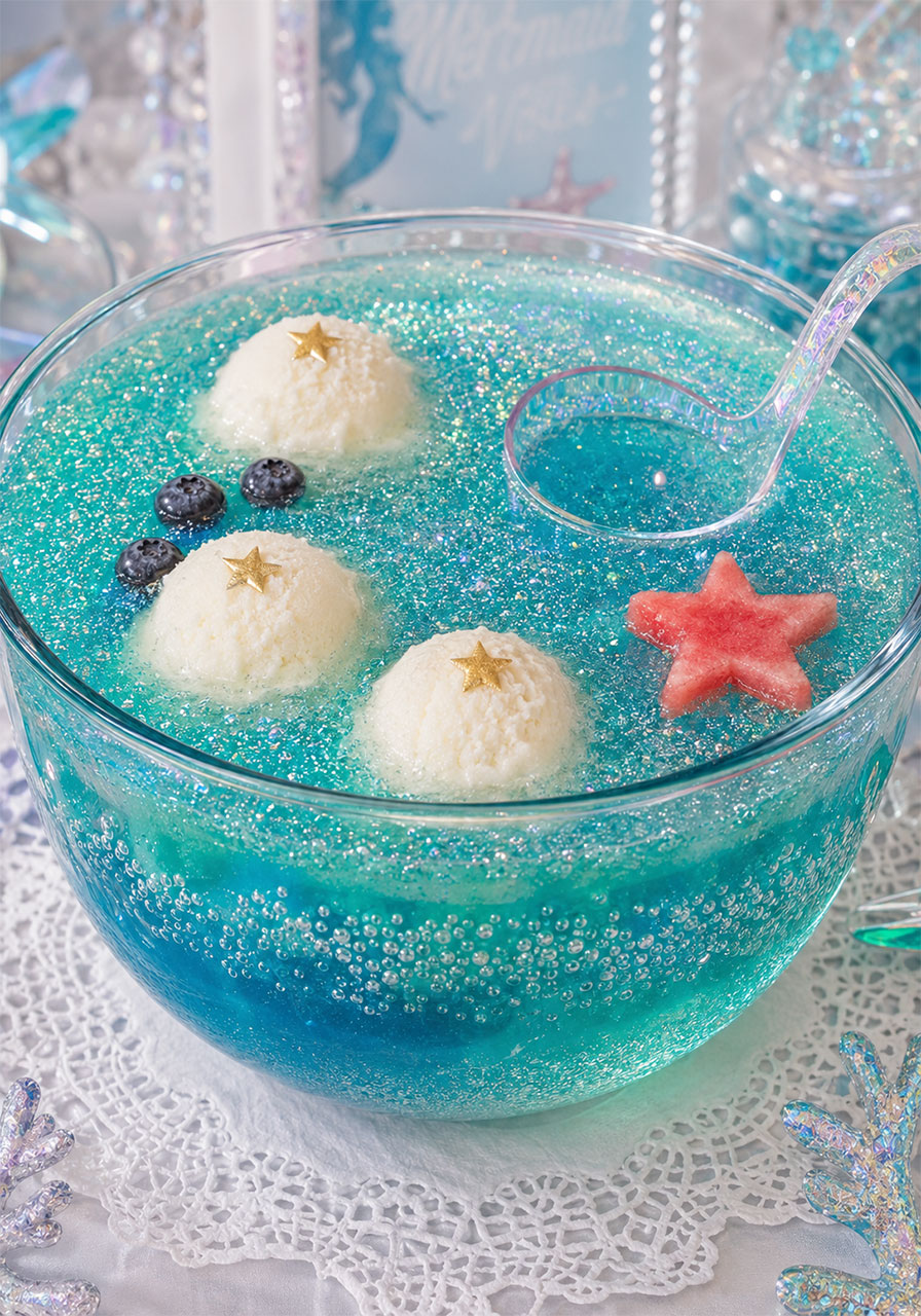 Shimmering blue-green mermaid punch bowl with sherbet and edible glitter for an under the sea birthday party