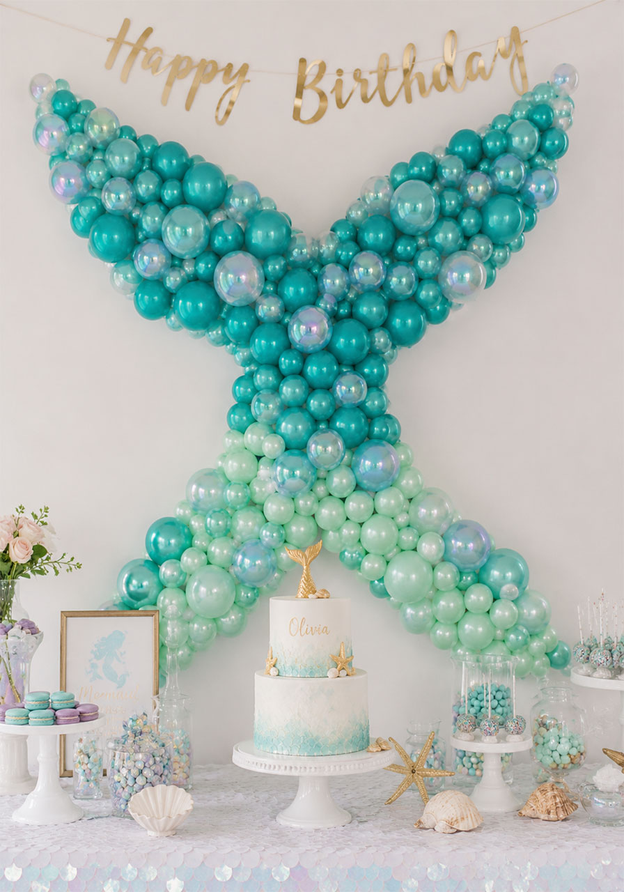 Mermaid tail balloon garland installation for an under the sea kids birthday party backdrop