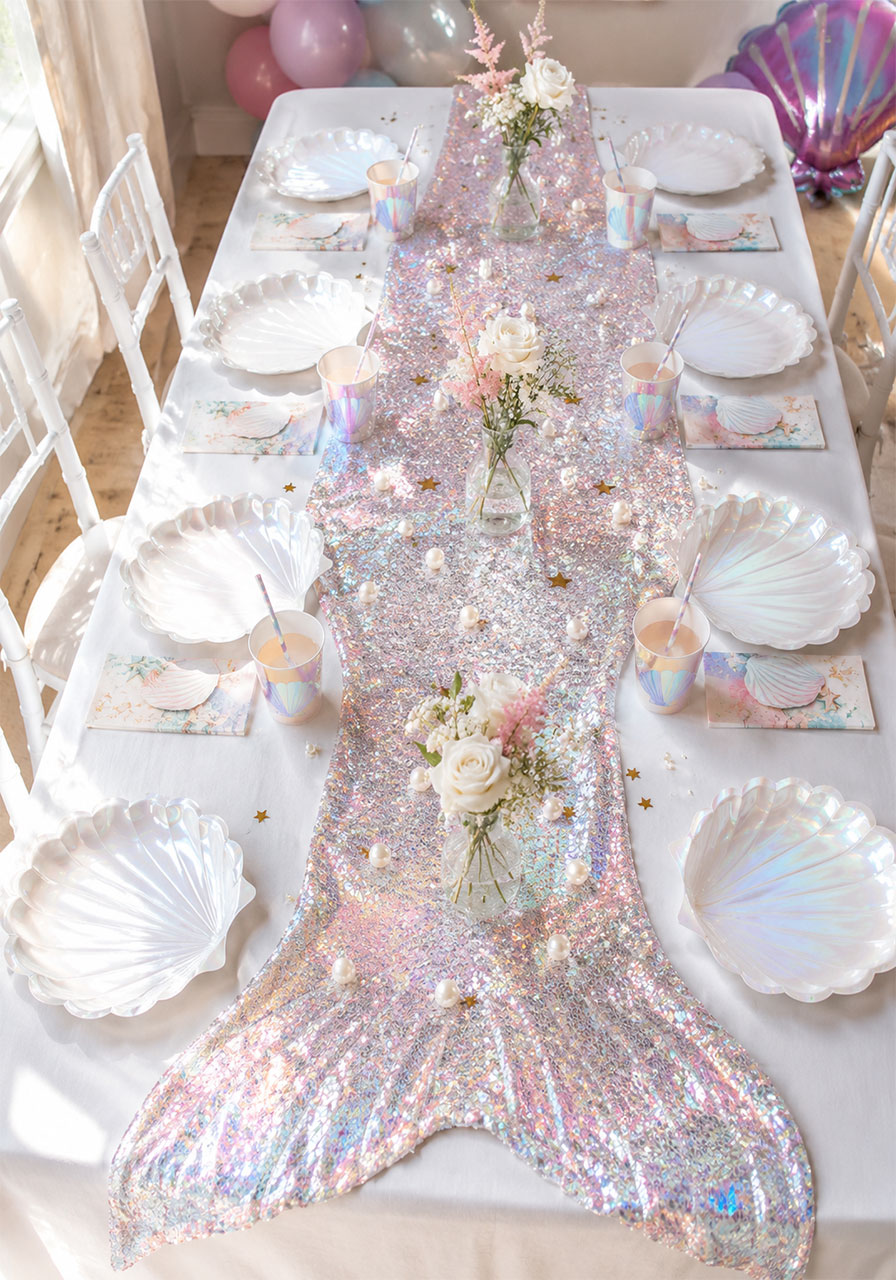 Iridescent mermaid tail table runner with pearl and star scatter for an under the sea birthday party